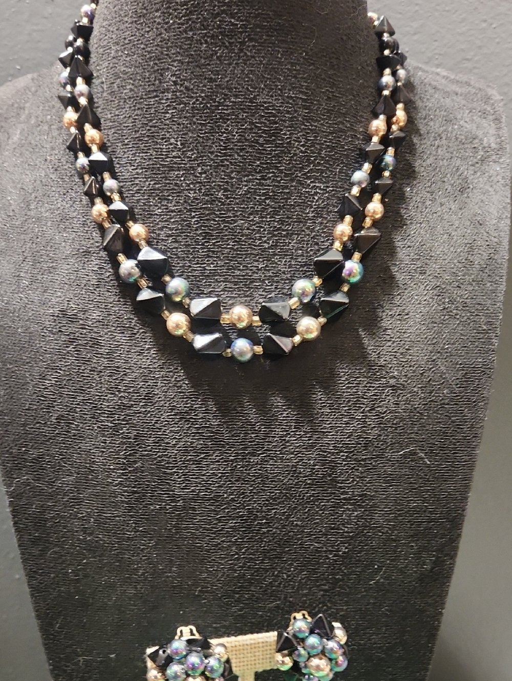 Elegant Black and Gold Multi-Strand Beaded Necklace and Earring Set